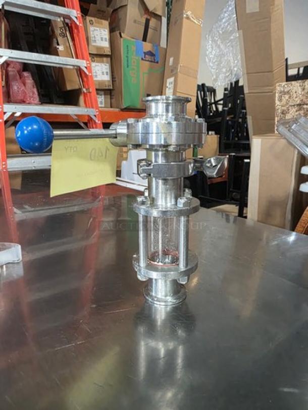 Stainless steel dry hopper assembly with glass sight tube, in excellent condition, ideal for brewing or industrial use.