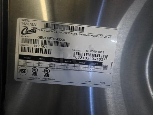 Curtis GEMTIF10A2000 Automatic Twin Coffee Brewer label, showing model, serial number, and electrical specifications.