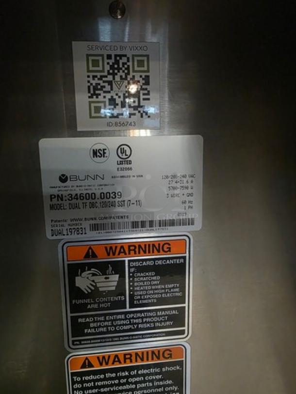 Bunn Digital Brew Dual TFC Coffee Maker, Model 34600.0039, NSF/UL listed, 120/208-240V, with warning labels and QR code.