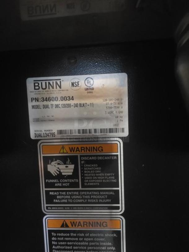 Bunn 34600.0034 BrewWISE Dual ThermoFresh DBC Brewer, 120/208-240V, with warning labels and model tags visible.