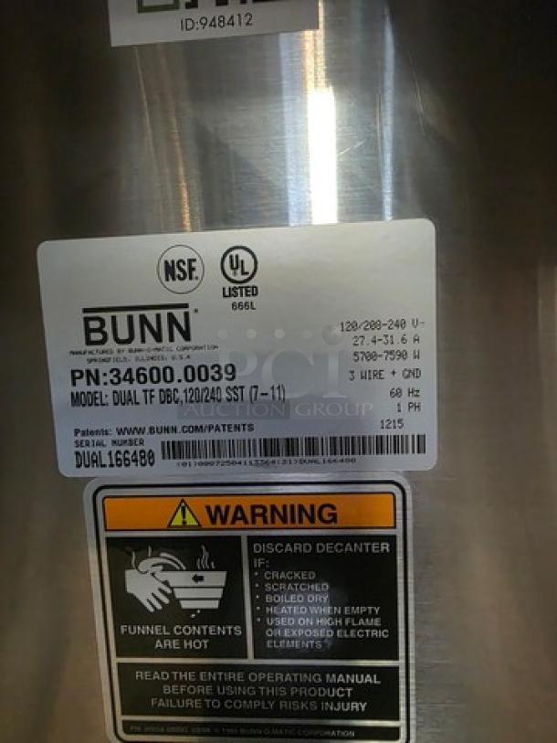 Bunn Digital Brew Dual TFC Coffee Maker, Model 34600.0039, 120/208-240V, with warning and specification labels.