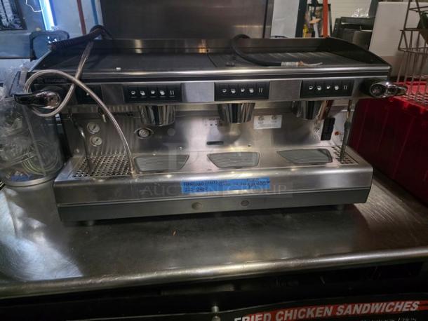 Rancilio CLASSE 7E 3GR Automatic Espresso Machine, stainless steel, 220-240V, 3-group, in good condition.