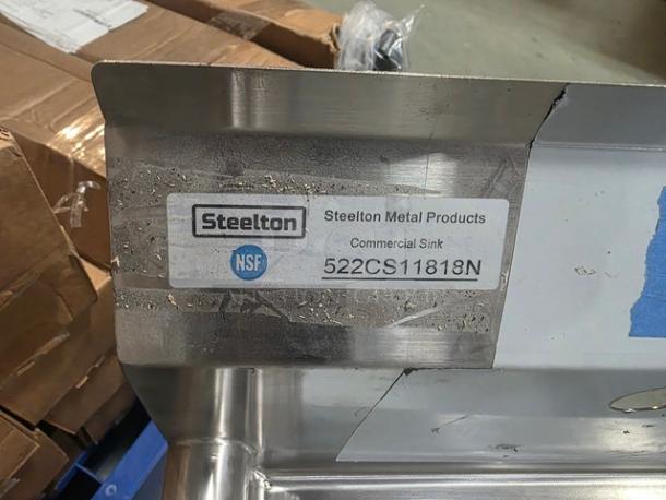 Steelton 24" stainless steel one compartment sink, model 522CS11818N, without legs, NSF certified, commercial use.