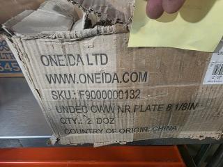 Damaged cardboard box labeled "Oneida Ltd" containing a lot of 23 8" round plates, SKU F9000000132, from China.