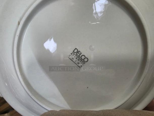 Lot of 23 Delco Atlantic China 8" round plates, white, backstamp visible. Excellent condition, ideal for collectors.