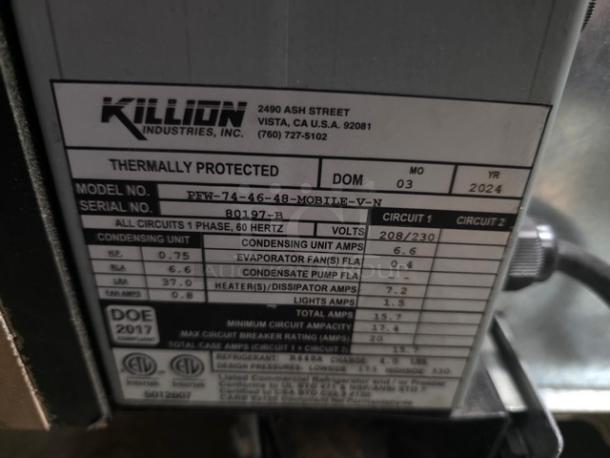 Killion refrigerated display case, model PFW-74-46-48-MOBILE-V-N, 208/230V, thermally protected. Serial 80197-R.