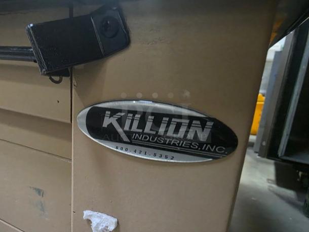 Killion Refrigerated Display Case, model PFW-74-46-48-MOBILE-V-N, labeled by Killion Industries, showing voltage and specs.