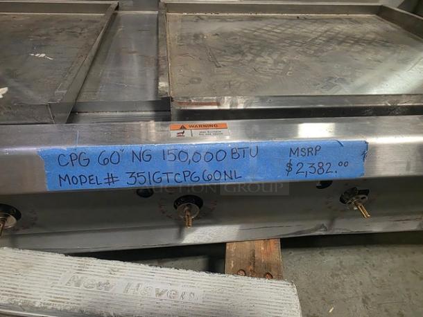 CPG GT-CPG-60-NL 60" Gas Griddle, 150,000 BTU, model 351GTCPG60NL, steel construction, MSRP $2,382, used condition.