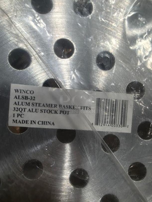 Winco Aluminum Steamer Basket, ALSB-32, fits 32qt stock pot. Made in China. New condition with perforated design.