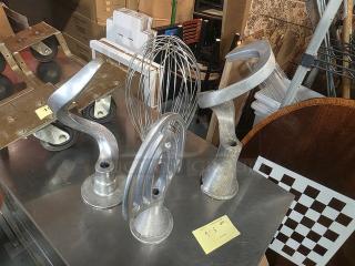 Lot of 4 miscellaneous mixer attachments, including dough hook, whisk, and beaters; metal construction, used condition.