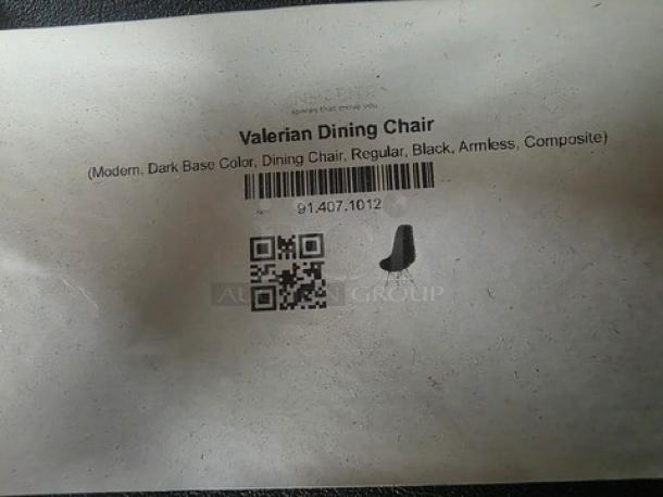 Label with "Valerian Dining Chair," features modern design, dark base color, armless, black composite. Includes QR code and item number 91407.1012.