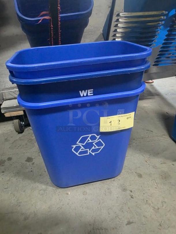 Lot of 3 blue recycling bins with recycling symbol, marked "WE." In good condition, stackable design.