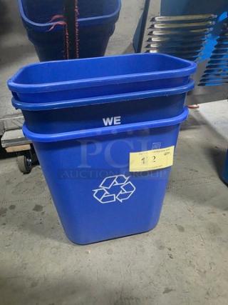 Lot of 3 blue recycling bins with recycling symbol, marked "WE." In good condition, stackable design.