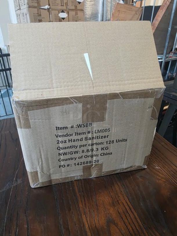 Box of 2oz hand sanitizer bottles, vendor item #LM005, 128 units, 8.8kg, origin: China, PO #: 142689-20.