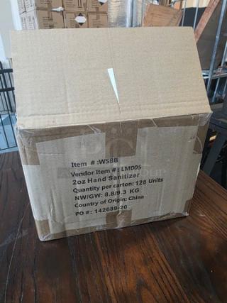 Box containing 2oz hand sanitizer bottles. Vendor item #LM005. Holds 128 units. Made in China.