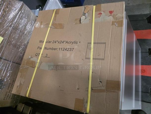 Box containing three 24"x24" acrylic sheets, item number 1124237, visible on label, in good condition.