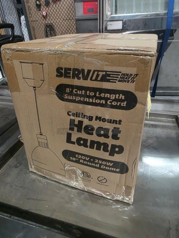 Serv It Ceiling Mount Heat Lamp in box; features 8' suspension cord, 120V-250W, 10" round dome, new condition.