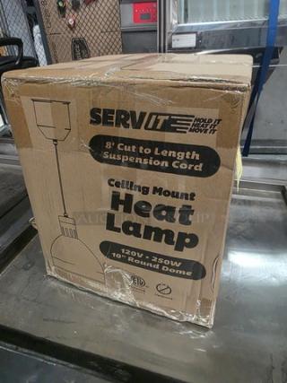 Serv It Ceiling Mount Heat Lamp in box; features 8' suspension cord, 120V-250W, 10" round dome, new condition.