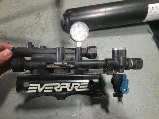 Everpure QC7I Insurice Twin Parallel Manifold, includes pressure gauge, visible branding, black body, used condition.