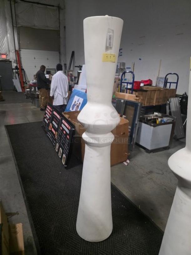 Tall white decorative floor vase with a sleek, modern design. Features a flared top and bulbous midsection. Good condition.