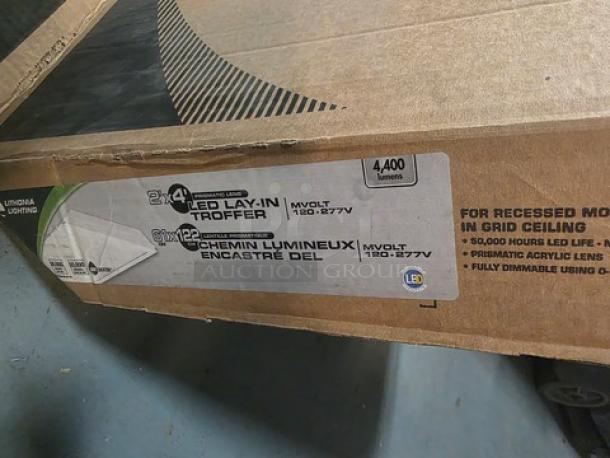 2'x4' LED Lay-In Troffer in box, 120-277V, 4,400 lumens, for recessed grid ceiling, prismatic acrylic lens, dimmable.