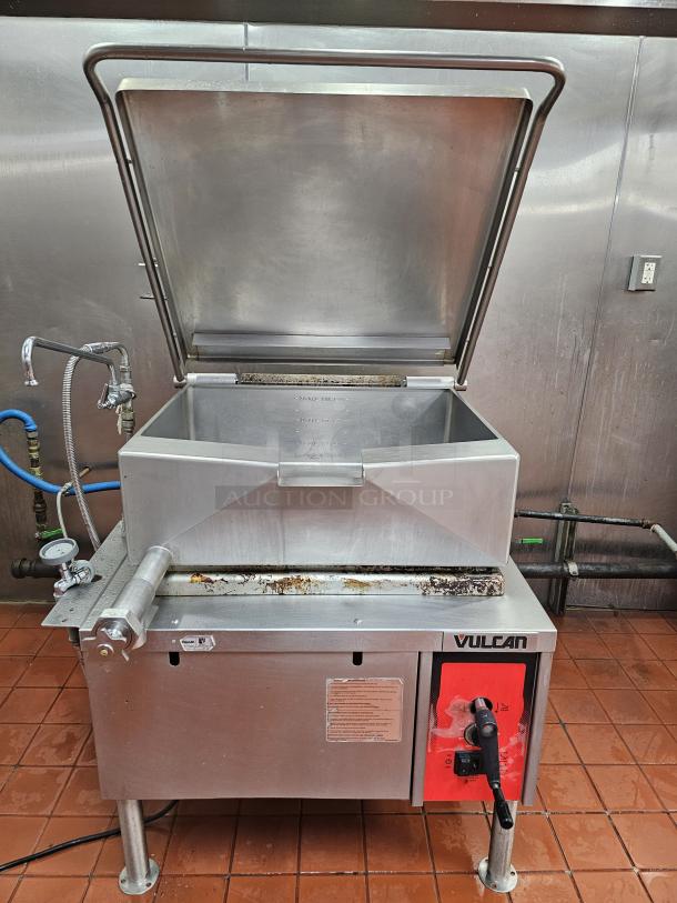 VULCAN VG30 30-Gallon gas tilting skillet, stainless steel, used condition, visible control panel, brand name on unit.