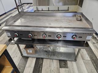 MoTak 60" natural gas griddle, five control knobs, stainless steel, used condition, stand not included.
