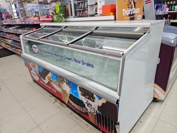 HUSSMANN LBN-6 Freezer Display Case, 115V, glass top, ice cream branding, good condition, for commercial use.