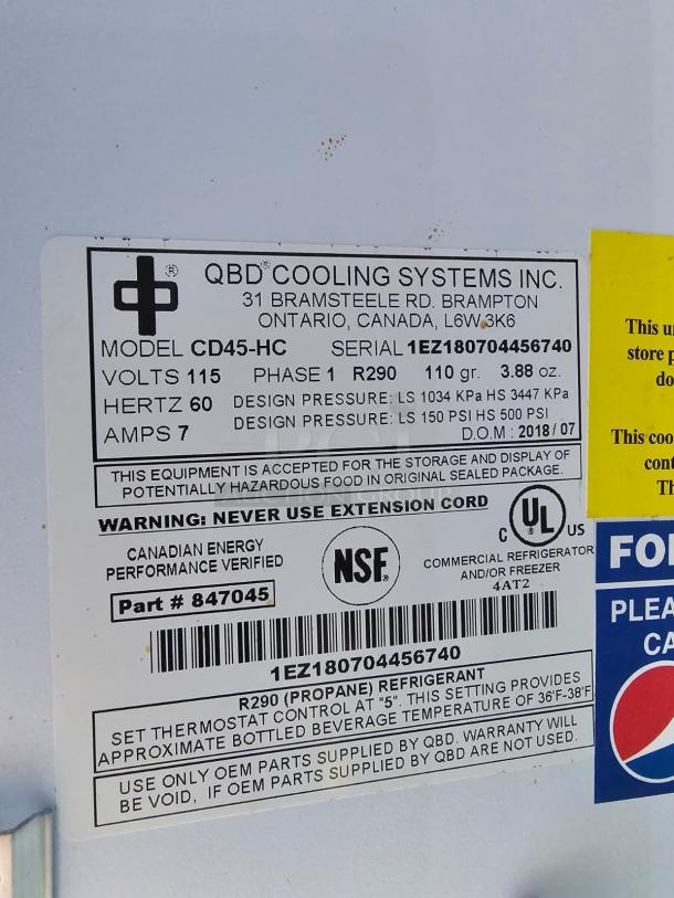 QBD Two Glass Door Merchandiser label. Model CD45-HC, 115V, 7A, R290 refrigerant. NSF certified, dated 2018.
