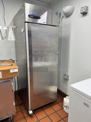 Hoshizaki CR1B-ES commercial refrigerator, single section, missing racks, stainless steel exterior, visible brand logo.