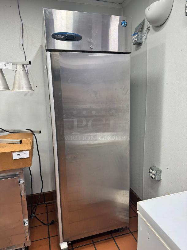 Hoshizaki CR1B-ES single section commercial refrigerator, stainless steel, missing racks, used condition, visible brand logo.