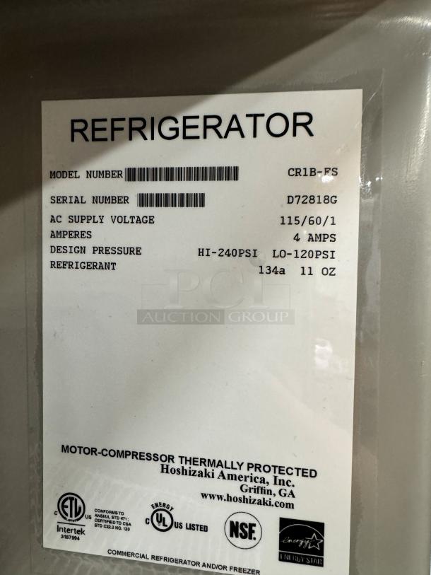 Hoshizaki single section commercial refrigerator, model CR1B-ES, missing racks. Label shows specifications and certifications.
