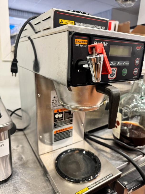 BUNN Commercial Coffee Brewer with digital display, stainless steel finish, and hot water warning labels, in good condition.