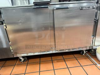 Beverage-Air 48" two-door undercounter refrigerator, stainless steel, tested and working, visible wear, on castors.