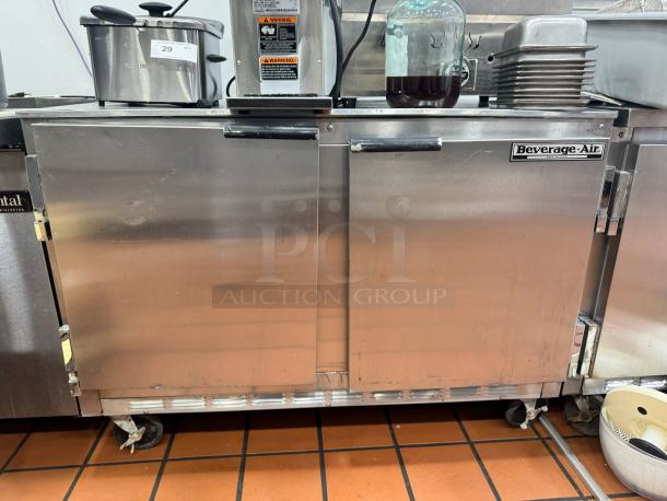 Beverage-Air 48" two-door undercounter refrigerator in stainless steel, tested and working, with visible brand label.
