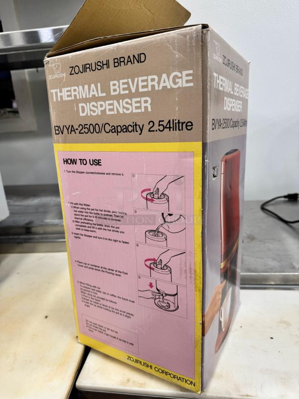 Zojirushi thermal beverage dispenser, model BVYA-2500, 2.54L capacity. Brand new in original packaging with usage instructions.