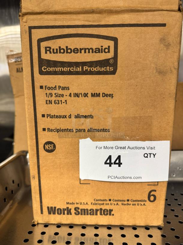 Rubbermaid 1/9 Food Pan box, brand new, 4-inch deep, model EN 631-1. NSF certified, marked "Work Smarter."