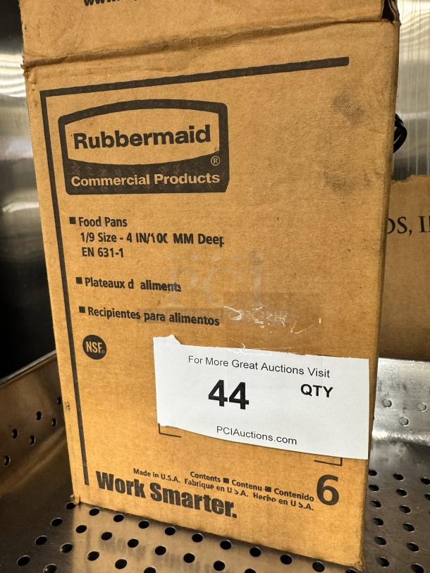 Rubbermaid 1/9 food pan in original box, brand new, 4-inch deep, NSF certified, marked "Work Smarter," lot number 44.
