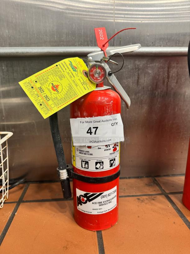 Red fire extinguisher with Ace branding, inspection tag for 2022, labeled instructions, and contact details on lower section.