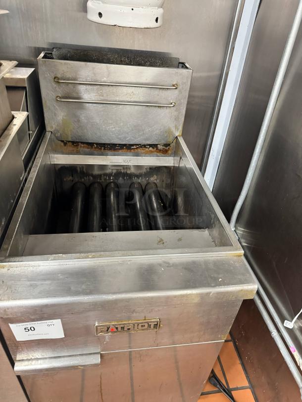 Patriot Natural Gas 40 lb Deep Fryer, stainless steel, used condition, visible signs of wear, logo on front panel.