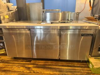 Continental SW72-30M 3-door prep table, stainless steel, one handle broken, tested working, visible branding on door.
