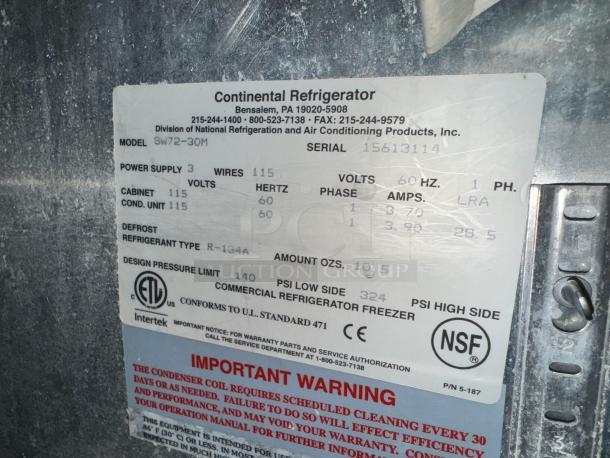 Continental SW72-30M 3-door prep table label; one handle broken, tested, working, details on power, refrigerant, and certification.