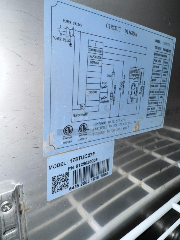 AVATCO undercounter refrigerator model 178TUC27F. Features circuit diagram and labeling. Tested and working condition.