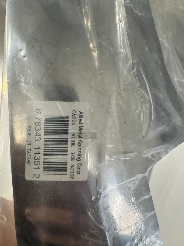 Lot of 2 85oz aluminum scoops, Allied Metal Spinning Corp, new condition, label states "Alum. Ice Scoop," made in Taiwan.