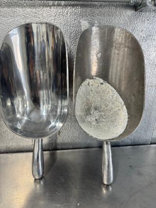 Lot of 2 aluminum scoops, 85oz each, one polished, one with wear. Sold together.