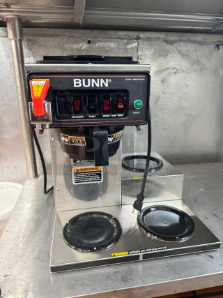 BUNN CWTF15 coffee brewer with 3 lower warmers, hot water faucet, and visible controls in working condition.
