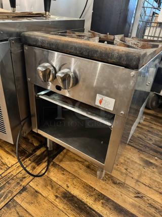 CPG Commercial gas stock pot range, model 361CPGSPRI8L, stainless steel, dual controls, visible wear, CPG logo label.