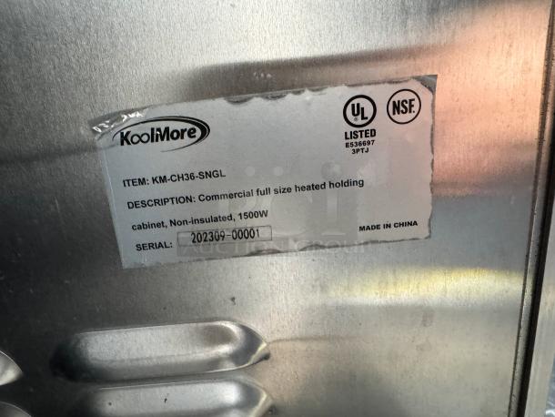 KoolMore KM-CH36-SNGL commercial full-size heated holding cabinet, non-insulated, 1500W, UL and NSF listed, serial 202309-00001.