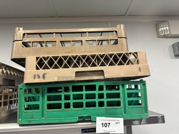 Lot of 3 glass racks, mixed colors, plastic, visible wear. Marked to sell as one lot. Labels indicate "StiLite Inc."