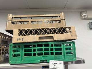 Lot of 3 glass racks, mixed colors, plastic, visible wear. Marked to sell as one lot. Labels indicate "StiLite Inc."